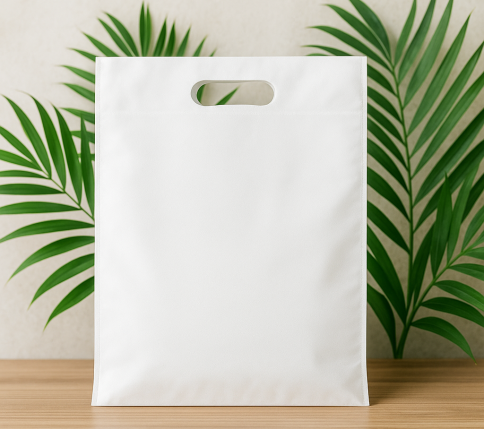 Bolsa branca sobre superfície de madeira